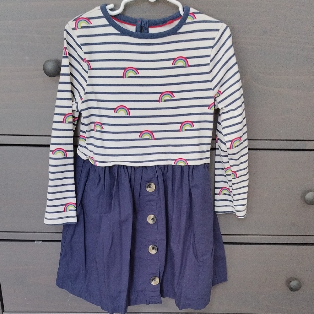 Striped Dress with Rainbow Accents and Navy Skirt